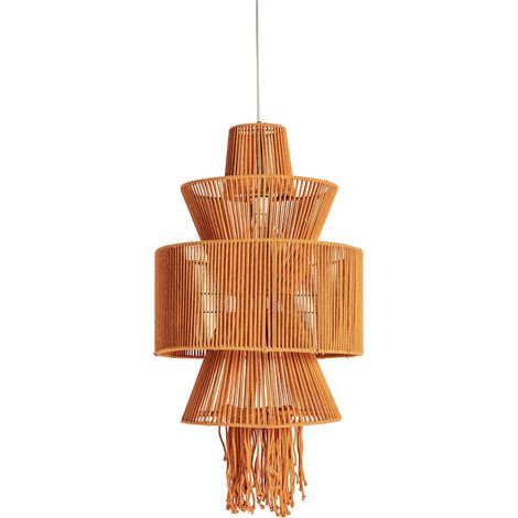 Lustre bohème en coton orange style corail suspendu - Orange corail naturel et rotin clair (1/5)