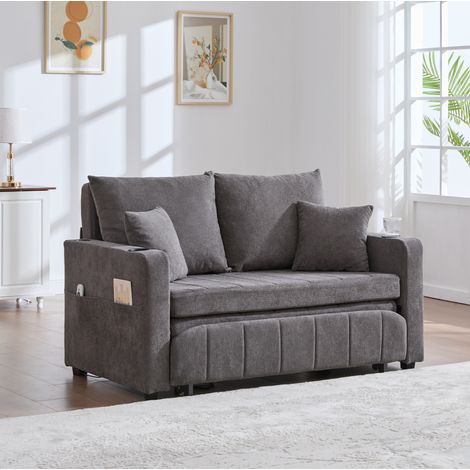 Divano letto in tessuto felpa (chenille) grigio con tasca portaoggetti, portabicchieri, porta USB e 4 cuscini (1/5)