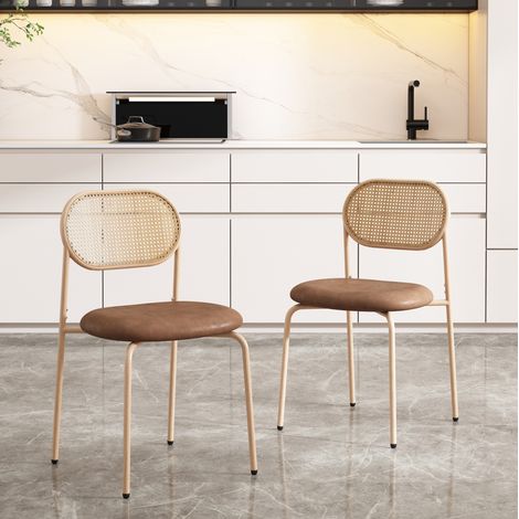 Lot de 2 chaises de salle à manger en rotin, assise en PU, pieds métalliques, marron HAVRYA (1/5)