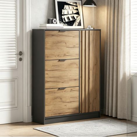 Meuble à chaussures en MDF 100 x 30 x 130 cm, 3 abattants et 1 porte, bois naturel et noir (1/5)