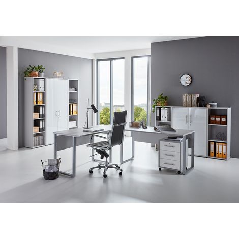 Büromöbel Arbeitszimmer komplett Set OFFICE EDITION (Set 5) in Lichtgrau / Weiß matt