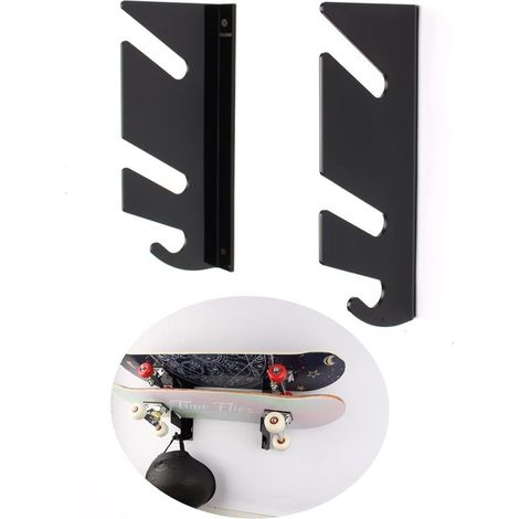 2pcs Support mural pour skateboard - Double étagère murale - Avec crochets de rangement - Pour longboard, snowboard, skateboard (1/4)