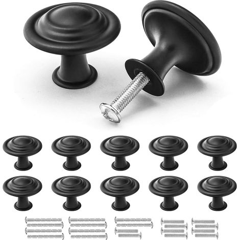 Bouton de Meuble Noir, Poignée Meuble Vintage Noir Mat, 10 Pièces Boutons de Tiroir en Alliage de Zinc, 30mm Boutons de Portes pour Placards Commode Armoire, avec Vis Assorties (1/5)