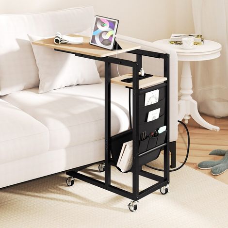 C-shaped side table with charging station & extendable table top & side pocket sofa table gray (1/5)