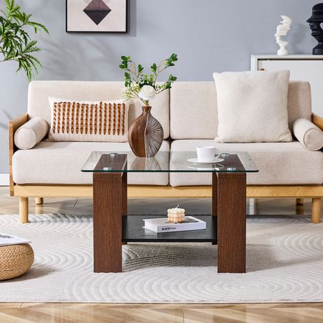 Couchtisch 65x41x45.5 cm Walnuss MDF und Glas mit Ablage (1/5)