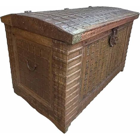 Baúl de madera y metal acabado artesanal marrón 166x94x104h cm