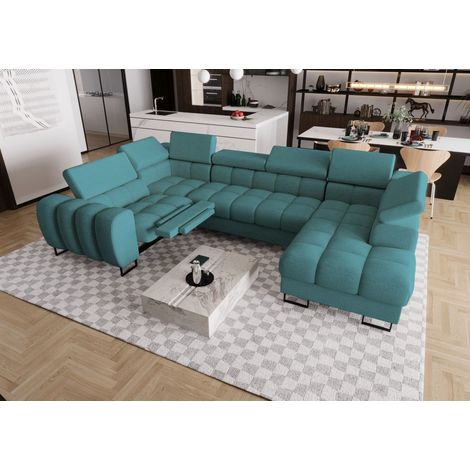Wohnlandschaft Schlafsofa BASTIEN RELAX in Stoff Moly Türkis Ottomane Rechts