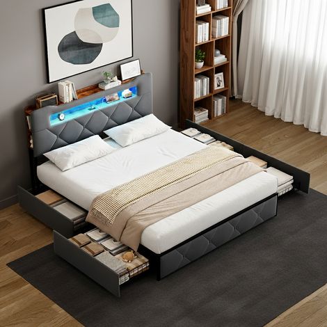 Lit 140x200 avec rangement et sommier, lit double capitonné avec éclairage LED et port USB, 4 tiroir, lits 2 place moderne pour adultes et adolescents, velours, gris (1/5)