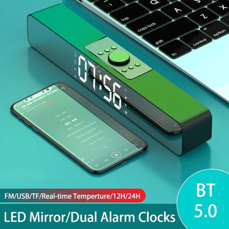 Enceinte Bluetooth rectangulaire allongée avec surface miroir, réveil, affichage numérique et compatibilité USB/carte Micro SD. (1/5)