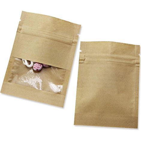 100 sachets kraft à fond plat, fermeture zip, fenêtre mate, 7,2 x 9,6 cm (1/5)
