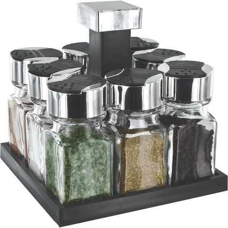 Carrousel à Épices Rotatif 8 Pots en Verre H17 cm Noir Gris (1/5)