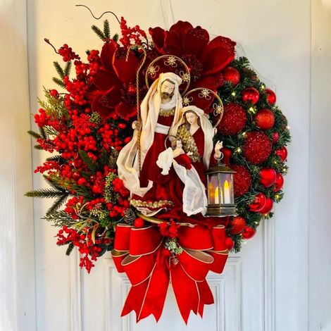 Kranz mit der Heiligen Familie, große Weihnachtskränze für die Haustür mit Lichtern, Krippenszene, Christbaumschmuck, Herbst- und Winter-Weihnachtskränze für Fenster, Wanddekoration für drinnen und dr (1/3)