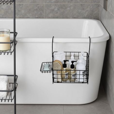 Panier de Bain Suspendu en Métal Noir, Porte-Organisateur pour Baignoire avec Petit Panier Latéral, Sans Perçage, pour Shampoing, Gel Douche et Accessoires de Salle de Bain