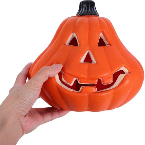Hohler Halloween-Kürbis mit LED-Beleuchtung, leichte orangefarbene Kunststoffdekoration, geeignet für drinnen und draußen, für eine festliche und elegante Atmosphäre (1/5)