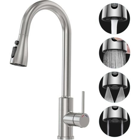 Robinet Cuisine avec Douchette Extensible Mitigeur - SREWOHS PRO Rabattable Mitigeur Robinet Evier de Cuisine avec 4 Douchette Modes, 360° d'Évier à Arc Élevé Acier Inoxydable Robinet Cuisine (1/5)