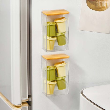Due contenitori magnetici a ribalta da parete per frigorifero, con coperchio, ideali per riporre e organizzare vari oggetti domestici. (1/5)