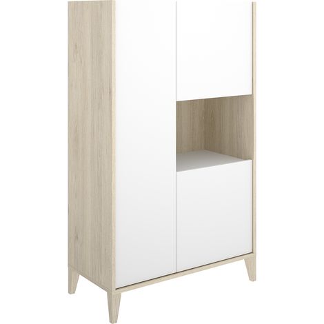 Buffet meuble de rangement à 3 portes et 1 niche, coloris naturel/blanc- Hauteur 137,5 x Longueur 81 x Profondeur 43 cm (1/5)