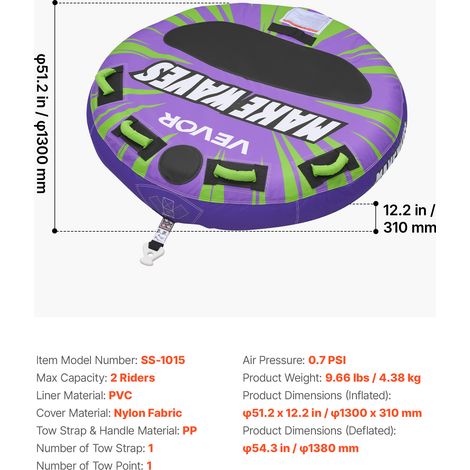 VEVOR Towable Tubes for Boating, 2-Rider Inflatable Boat Tubes and Towables, 340lbs Capacity Water Sport Tube for Boat to Pull - with Anti-Slip Pad, Full Nylon Cover, Padded Handles & Safety Valve (1/4)