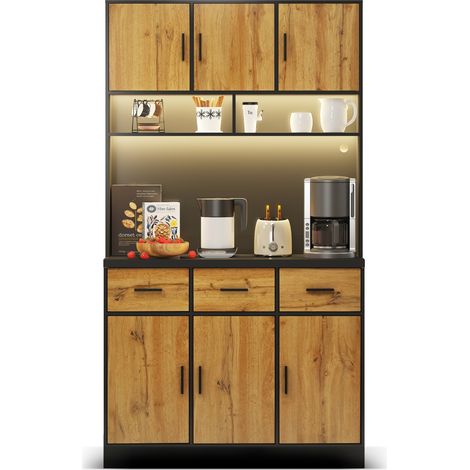 Buffet cuisine 100 x 40 x 180 cm avec LED multicolore, prise USB, 3 tiroirs, 6 portes, étagères réglables et rangement micro-ondes, noir et bois clair - CHICFURN (1/5)