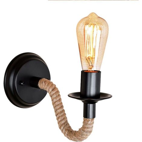 SABIR Vintage lampe murale lampe de chevet corde de chanvre base en bois rétro applique murale luminaire murales décoratives pour Loft Restaurant Corridor Salon Corridor(Ampoule non incluse) (1/4)
