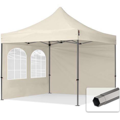 3x3 m Faltpavillon, PREMIUM Stahl 40mm, Seitenteile mit Sprossenfenstern, creme