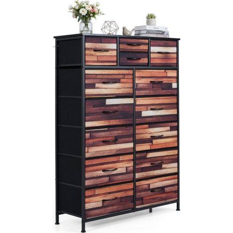 Commode haute effet bois à 14 tiroirs en tissu avec structure métal et protection anti-basculement pour chambre, salon et entrée (1/5)