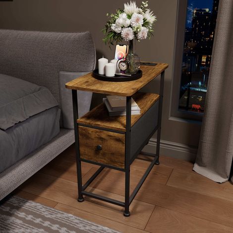 Commode chambre, Commode chambre adulte, USB - 1 Tiroir - Prise - 60x30x62 cm, Tiroir en Tissu, Marron rustique - chambre ou salon (1/5)