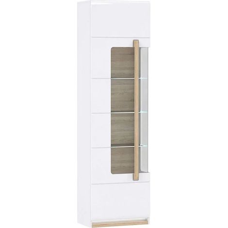 Vitrine 209 cm 1 porte blanc laqué décor bois clair avec éclairage LED – 3 étagères en verre trempé – Fabrication européenne – Meubletmoi (1/5)