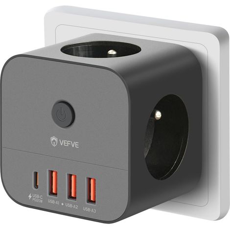 Cube Multiprise Murale, Bloc 7-en-1 avec Chargeur 20W USB-C - Noir Idéal pour maison et bureau. 3 Prises secteur (3680W) et 4 ports USB. Équipé d'un interrupteur et charge rapide intégrée (1/5)