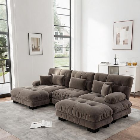 Canapé d'angle modulaire en tissu chenille marron en chenille (1/5)