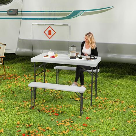 Ensemble table pliante et bancs de pique-nique 113 cm avec poignées de transport. table et banc pliable gris clair blanc