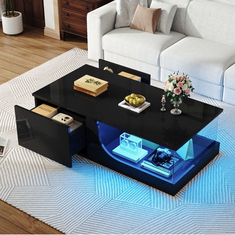 MESA BAJA 100X50X30 CM NEGRA CON 2 TIRADORES, LED USB Y VIDRIO TEMPERADO, MDF, MEUBLIV (1/5)