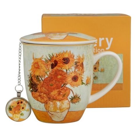Taza de 400 ml con infusor metálico y colgador, diseño de girasoles de Van Gogh, de porcelana. (1/4)