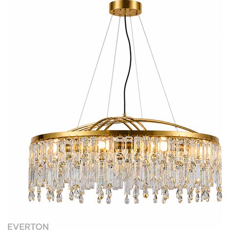 Lustre Rond en Cristal 60 cm, Suspension Dorée de Luxe avec Pampilles en Cristal, Luminaire Chic à Hauteur Réglable, Métal & Cristal, 8 Douilles E14 pour Salon, Chambre, Salle à Manger et Îlot de Cuis