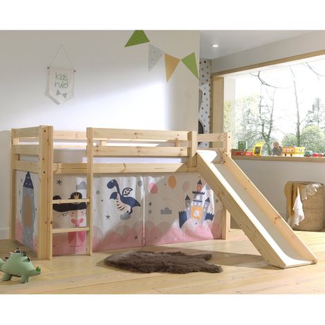 Cama media altura 90x200 con tobogán, somier y funda Fairy Vipack Pino Madera (1/4)