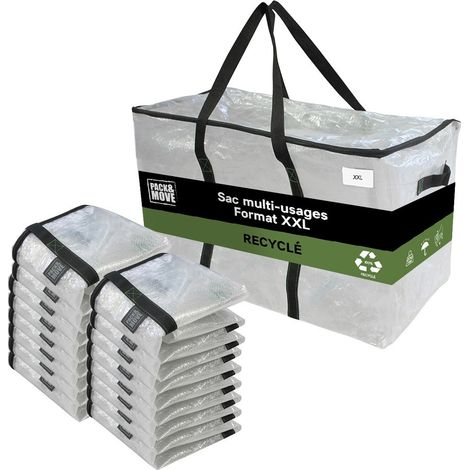 Pack and Move - Lot 16 Grands Sacs Déménagement Transparent Recyclés - Rangement Et Transport Ultra Résistant - Réutilisable - Poignées Solides - 100L