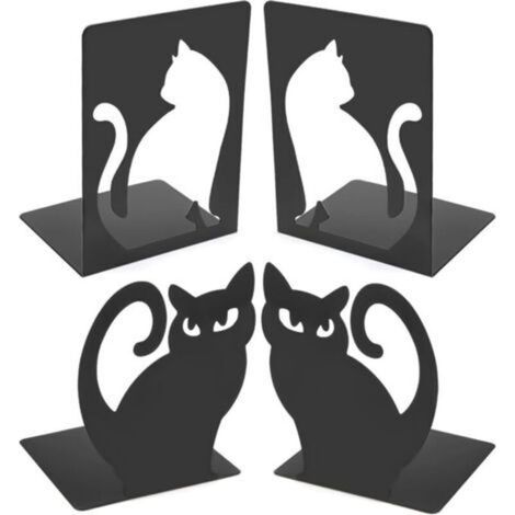 Serre-livres chat, serre-livres en métal, 2 paires, cales antidérapantes pour étagères, bureaux, bibliothèques, maison et école (120 x 105 x 160 mm, noir)