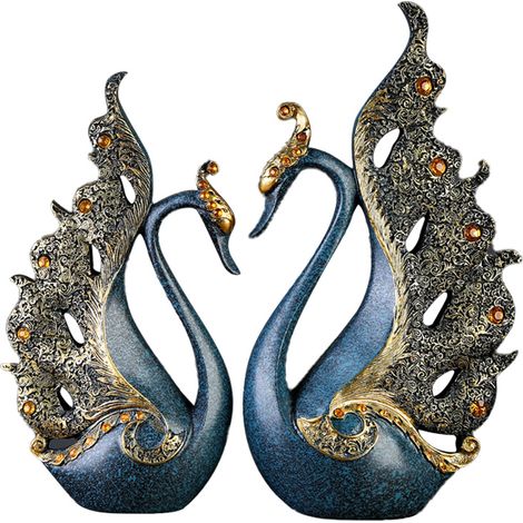 Lot de 2 ornements de paon en résine naturelle, sculpture de paon de bureau pour meuble à vin ou meuble TV, bleu, hauteur 30 cm. (1/5)
