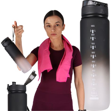 Sport-Trinkflasche 1 l mit Messbecher für Fitnessstudio, auslaufsicher