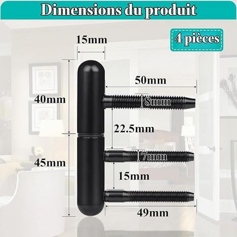 Paumelles Gond Porte Bois Silencieuses, Noir