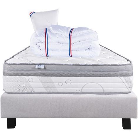 Ensemble Matelas ViscoPlus, 26 cm, mousses haute densité, ferme, face été/hiver + sommier gris ep20cm + oreiller + couette, 90x190cm (1/5)