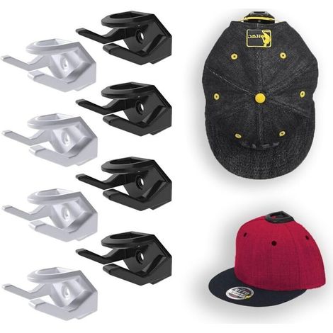 Ganci adesivi da parete per cappellini da baseball – Confezione da 8 (4 bianchi + 4 neri), montaggio robusto senza foratura, supporto da parete per cappellini da baseball