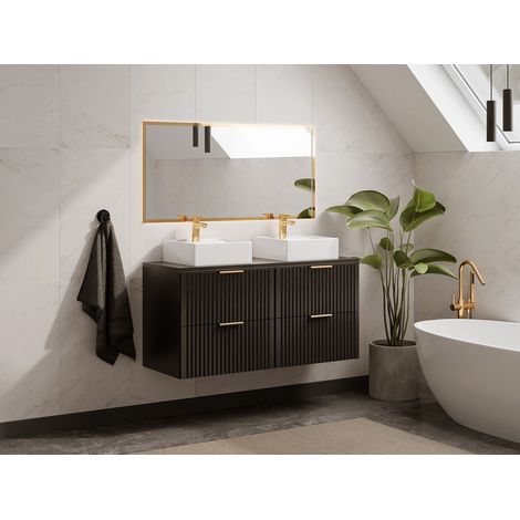 Mobile per bagno sospeso con scanalature e lavabo da appoggio L120 cm Nero - ZEVARA