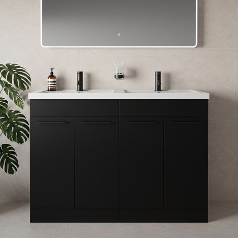 Napoli 390 Matt Black 1200mm 4 Door Vanity Unit with Double Lucia Basins - 1200mm - Matt Black 160mm Handle