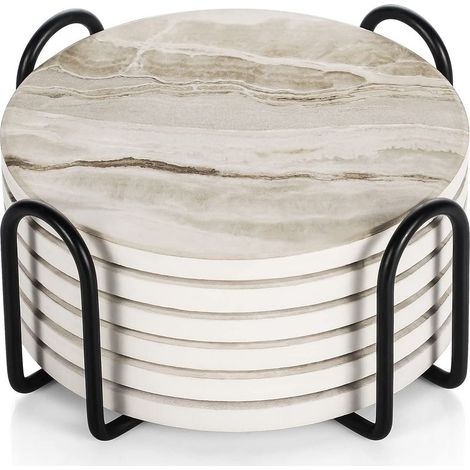 Dessous de verre, lot de 6 avec support, dessous de verre en céramique absorbante et antidérapante pour la maison, le café et les bars - Dessous de verre motif marbre (1/5)