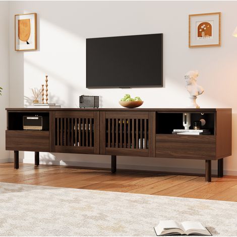 MODFU – Mobile TV 180x40x51 cm in MDF con 2 ante a griglia, 2 cassetti, nicchie aperte, passacavi e piedini in legno per salotto – Noce (1/5)