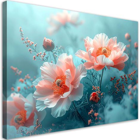 Cuadro sobre Lienzo Peonias coralinas sobre fondo azul en estilo pictórico 30x20 (1/5)