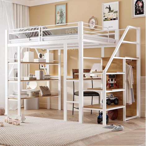 Cama alta de metal blanco 140x200 cm con escritorio, armario, estantería de 3 niveles y escalera con almacenaje (1/5)