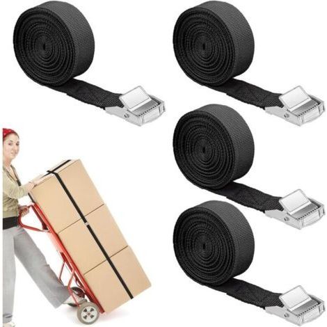 Pack of 4 Straps, 2 m Straps, Ratchet Strap, Lashing Straps, Adjustable Securing Straps with Clip Closure for Transport, Cargo, Camping, Luggage (Black) (1/5)