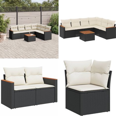 7-tlg. Garten-Sofagarnitur mit Kissen Schwarz Poly Rattan - Gartenmöbel Set - Outdoor Lounge - Rattan Gartenmöbel - Esstisch Set - Balkonmöbel - Home & Living (1/5)